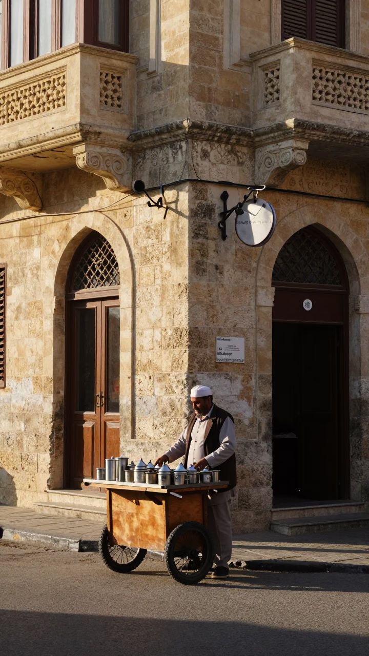 Alexandria Egypt Morning Street Scene with Tea Vendor and Traditional Kettle in in Alexandria, Egypt