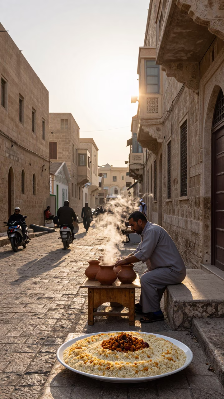 Alexandria Egypt Morning Street Scene with Traditional Koshari Plate at First Light in in Alexandria, Egypt