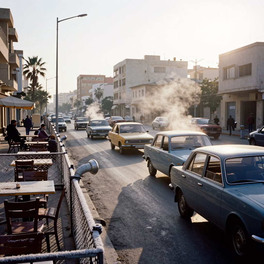 Alexandria Egypt Morning Street Scene with Vintage Cars and Steaming Pipes in in Alexandria, Egypt
