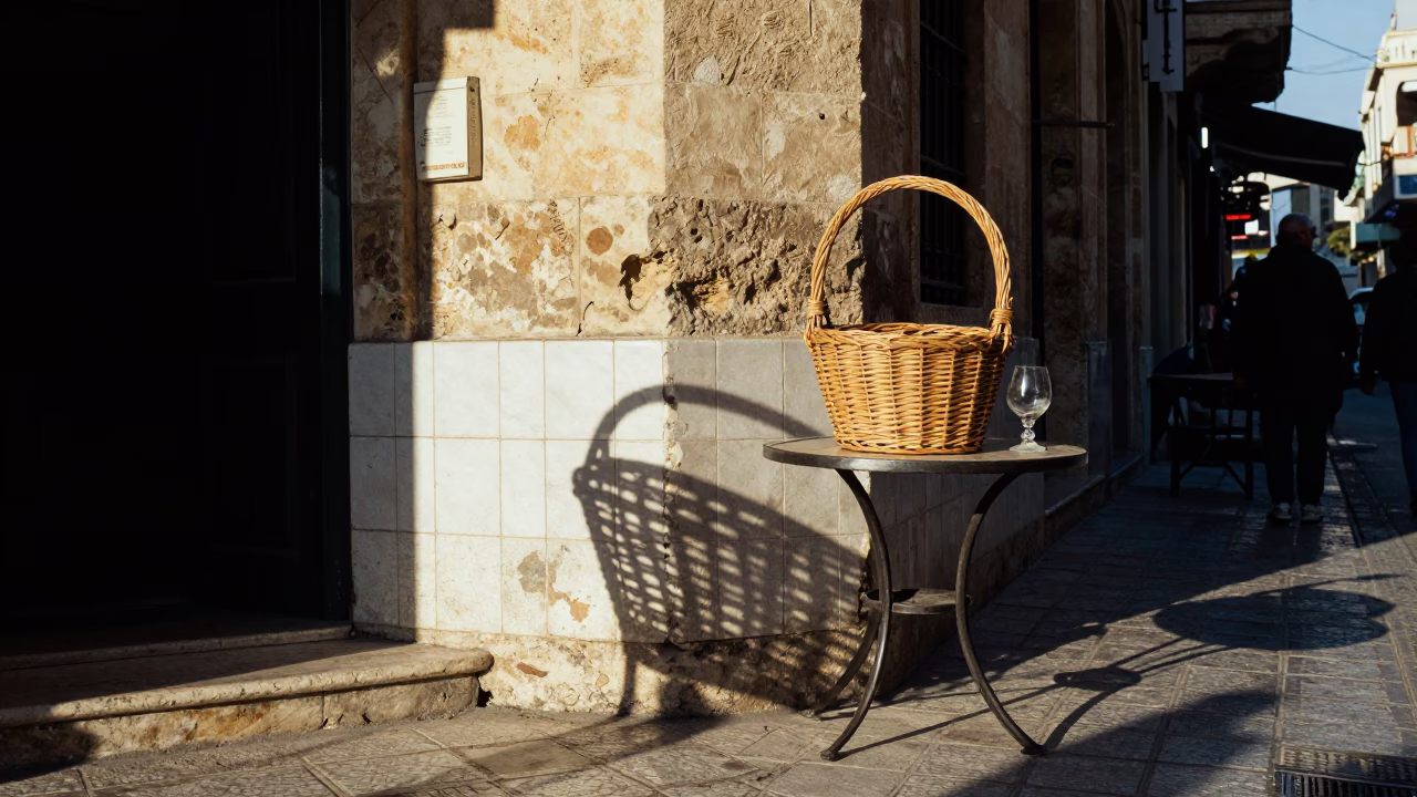 Alexandria Egypt Morning Street Scene with Wicker Shadow and Glass Carafe in in Alexandria, Egypt