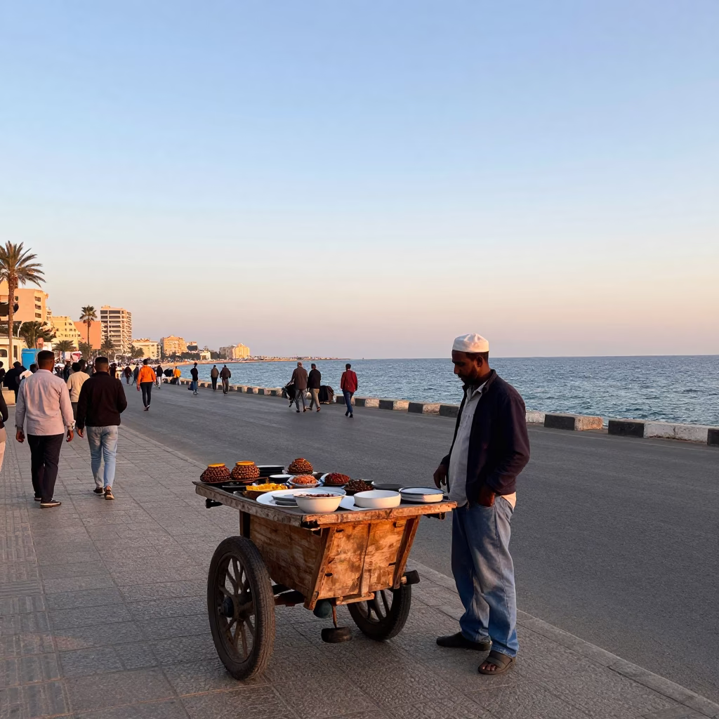 Alexandria Egypt Nautical Dawn Street Scene with Local Vendor and Morning Activity in in Alexandria, Egypt
