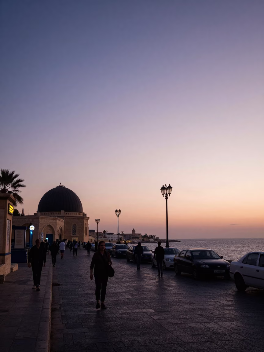 Alexandria Egypt Nautical Dawn Street Scene with Observatory Dome Silhouette in in Alexandria, Egypt