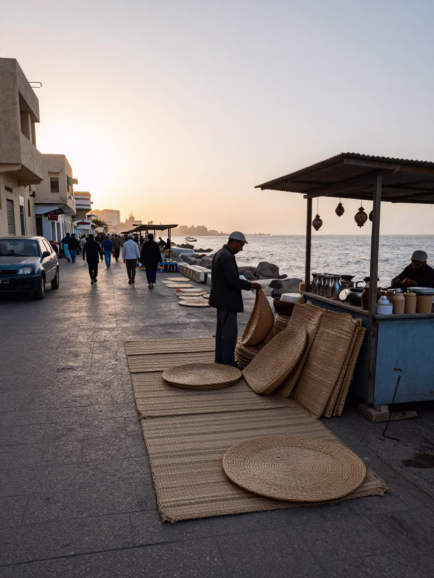 Alexandria Egypt Nautical Dawn Street Scene with Woven Mats and Local Commerce in in Alexandria, Egypt