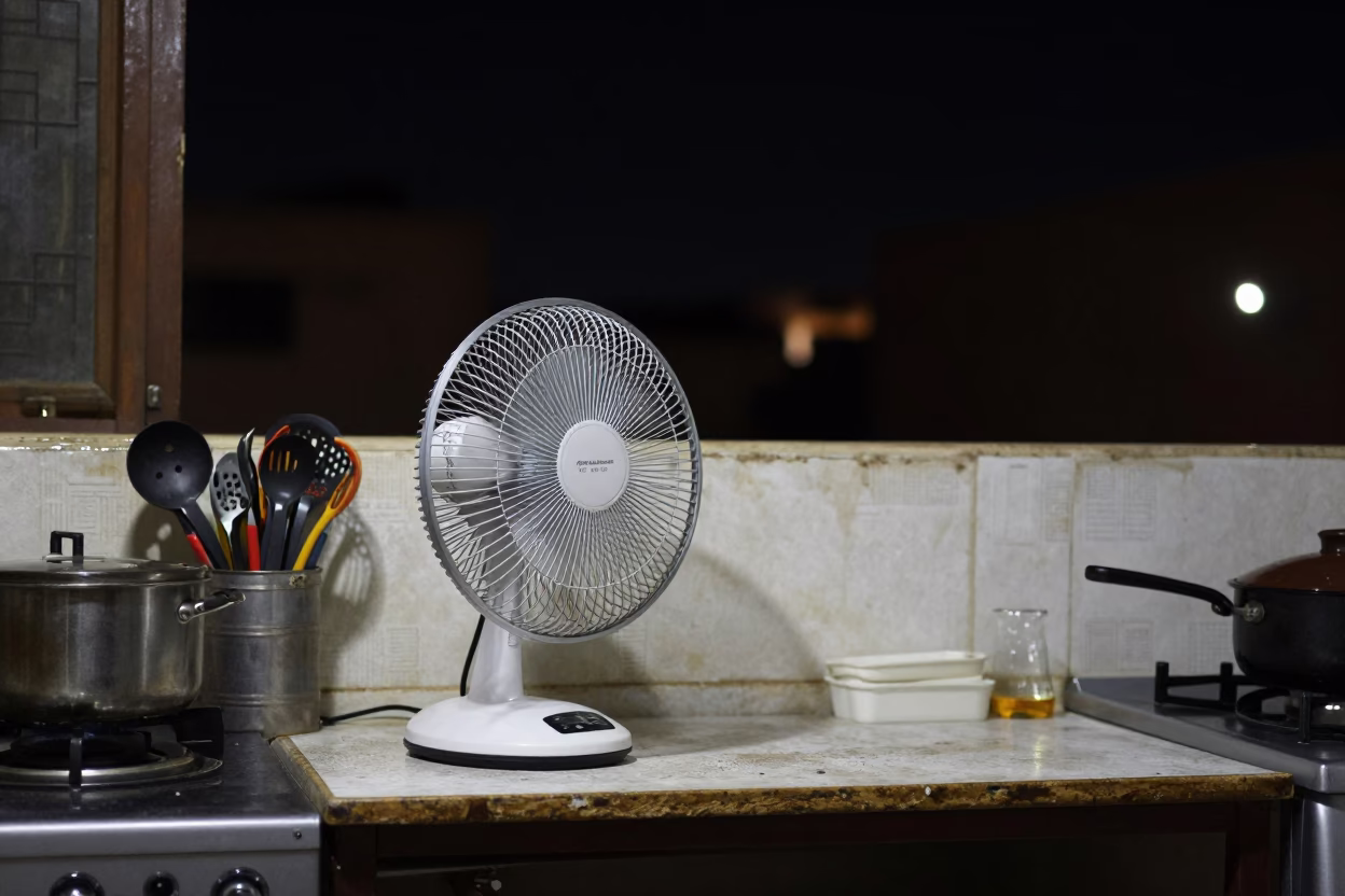 Alexandria Egypt Night Kitchen with Table Fan and Cooking Utensils Under Deep Sky in in Alexandria, Egypt