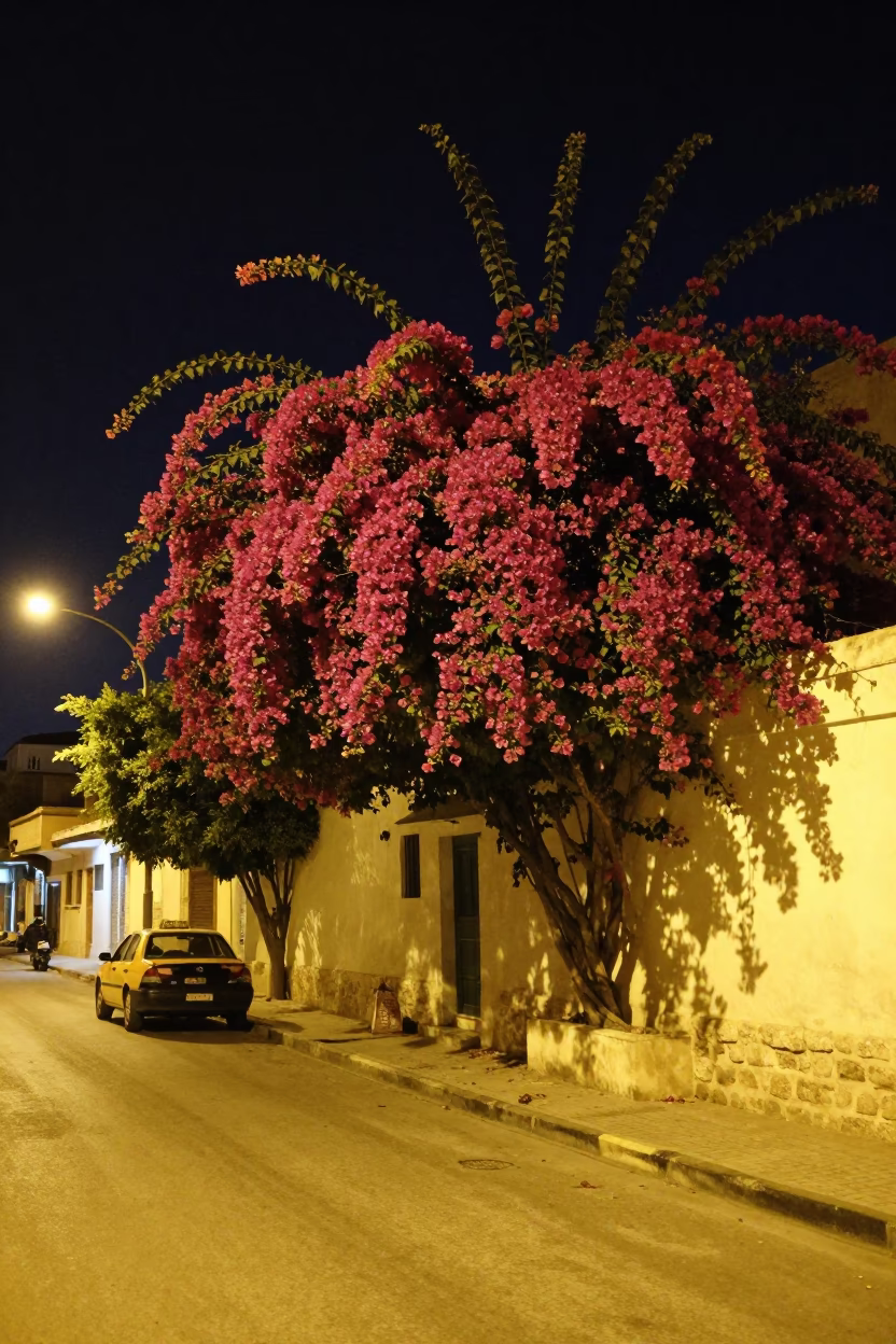 Alexandria Egypt Night Street Scene with Bougainvillea and Taxi Rank in in Alexandria, Egypt