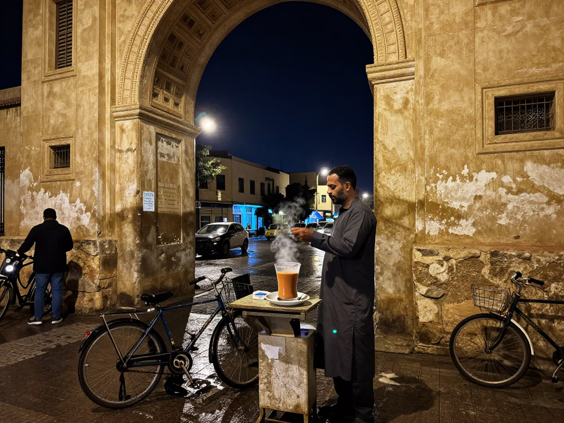 Alexandria Egypt Night Street Scene with Chai Tea and Urban Infrastructure in in Alexandria, Egypt