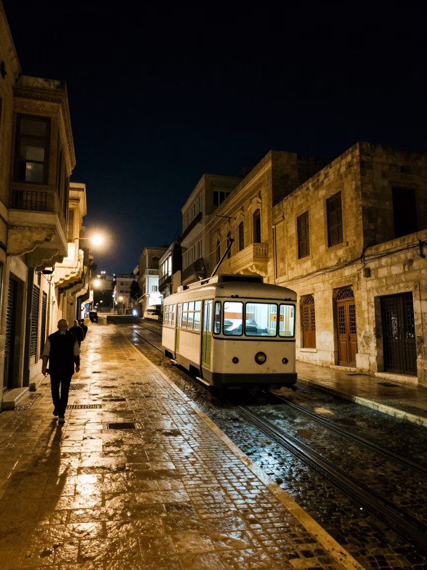 Alexandria Egypt Night Street Scene with Funicular Railway and Local Life in in Alexandria, Egypt