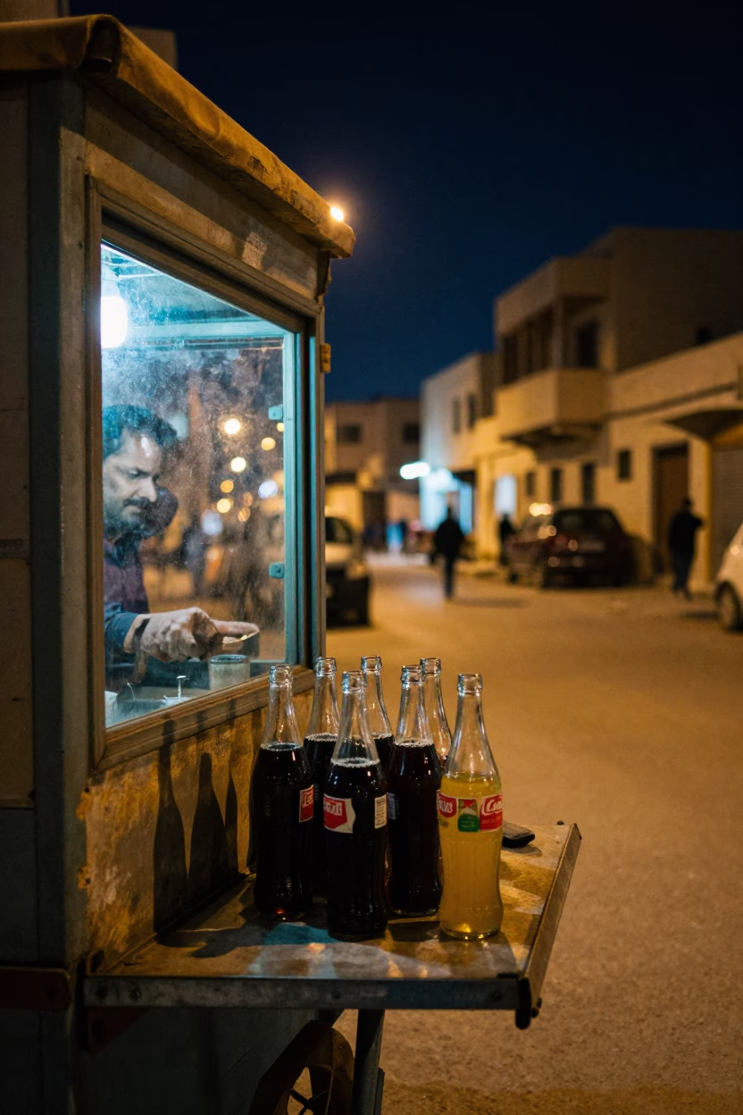 Alexandria Egypt Night Street Scene with Glass Bottles and Window Light in in Alexandria, Egypt