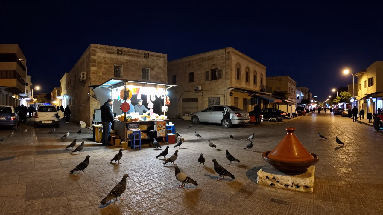 Alexandria Egypt Night Street Scene with Pigeons and Tagine Pot in in Alexandria, Egypt