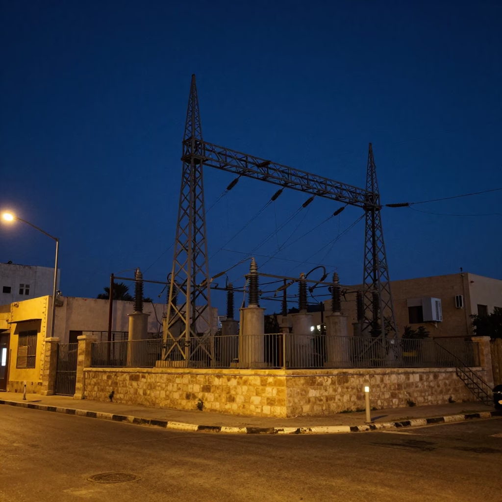 Alexandria Egypt Night Street Scene with Power Substation Lattice and Cobalt Sky in in Alexandria, Egypt