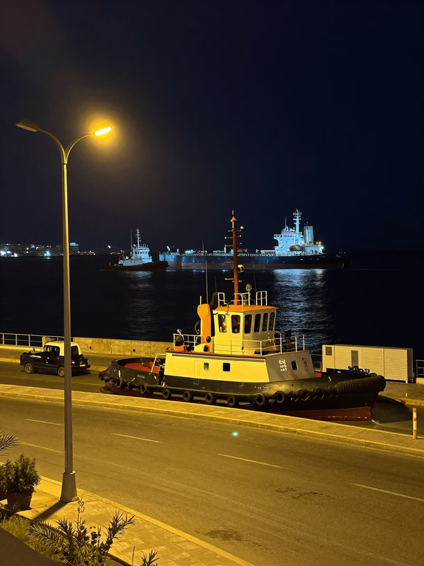 Alexandria Egypt Night Street Scene with Tugboat Fleet and Tanker Under Deep Sky in in Alexandria, Egypt