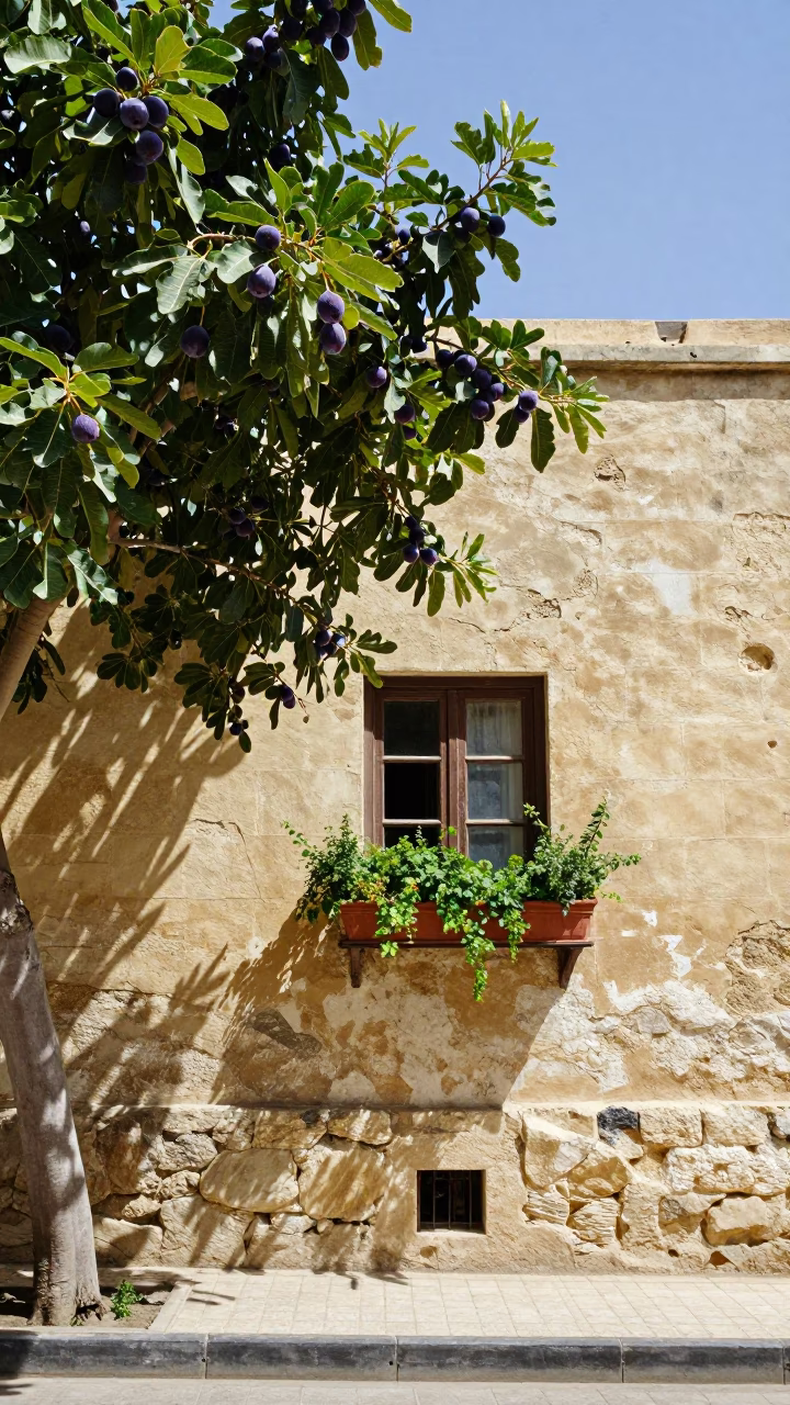 Alexandria Egypt Noon Street Scene with Fig Tree and Window Box in in Alexandria, Egypt
