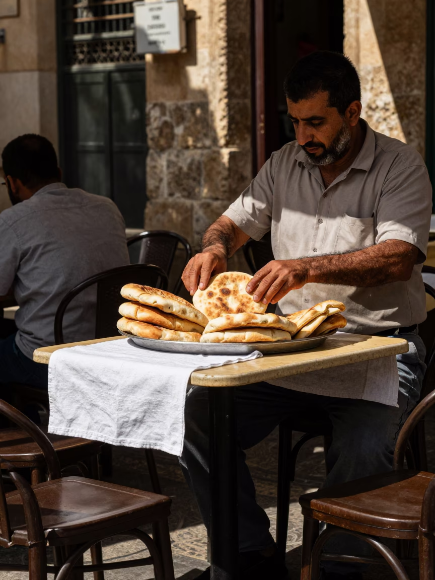 Alexandria Egypt Noon Street Scene with Linen Napkin on Cafe Table in in Alexandria, Egypt