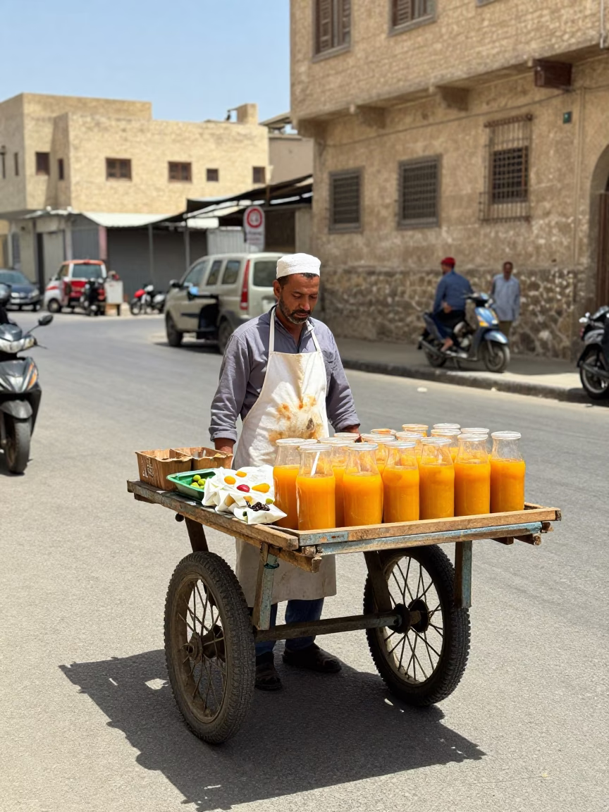 Alexandria Egypt Noon Street Scene with Man in Apron Selling Apricots in in Alexandria, Egypt