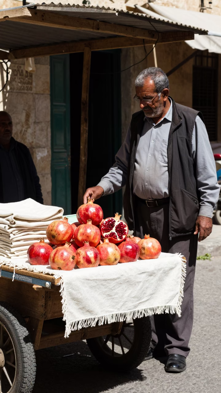 Alexandria Egypt Noon Street Scene with Pomegranate Seller and Linen Cloth in in Alexandria, Egypt