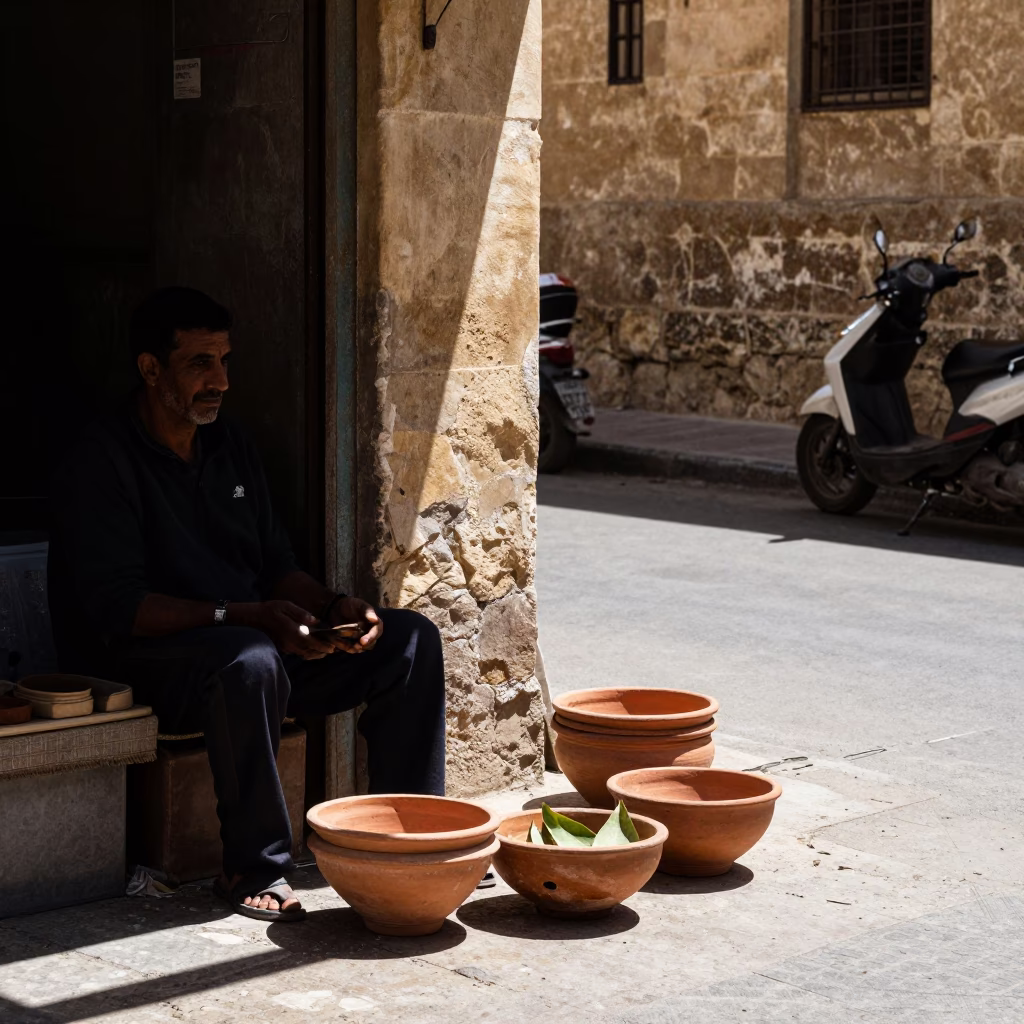 Alexandria Egypt Noon Street Scene with Terracotta Bowls and Leaf Shadows in in Alexandria, Egypt