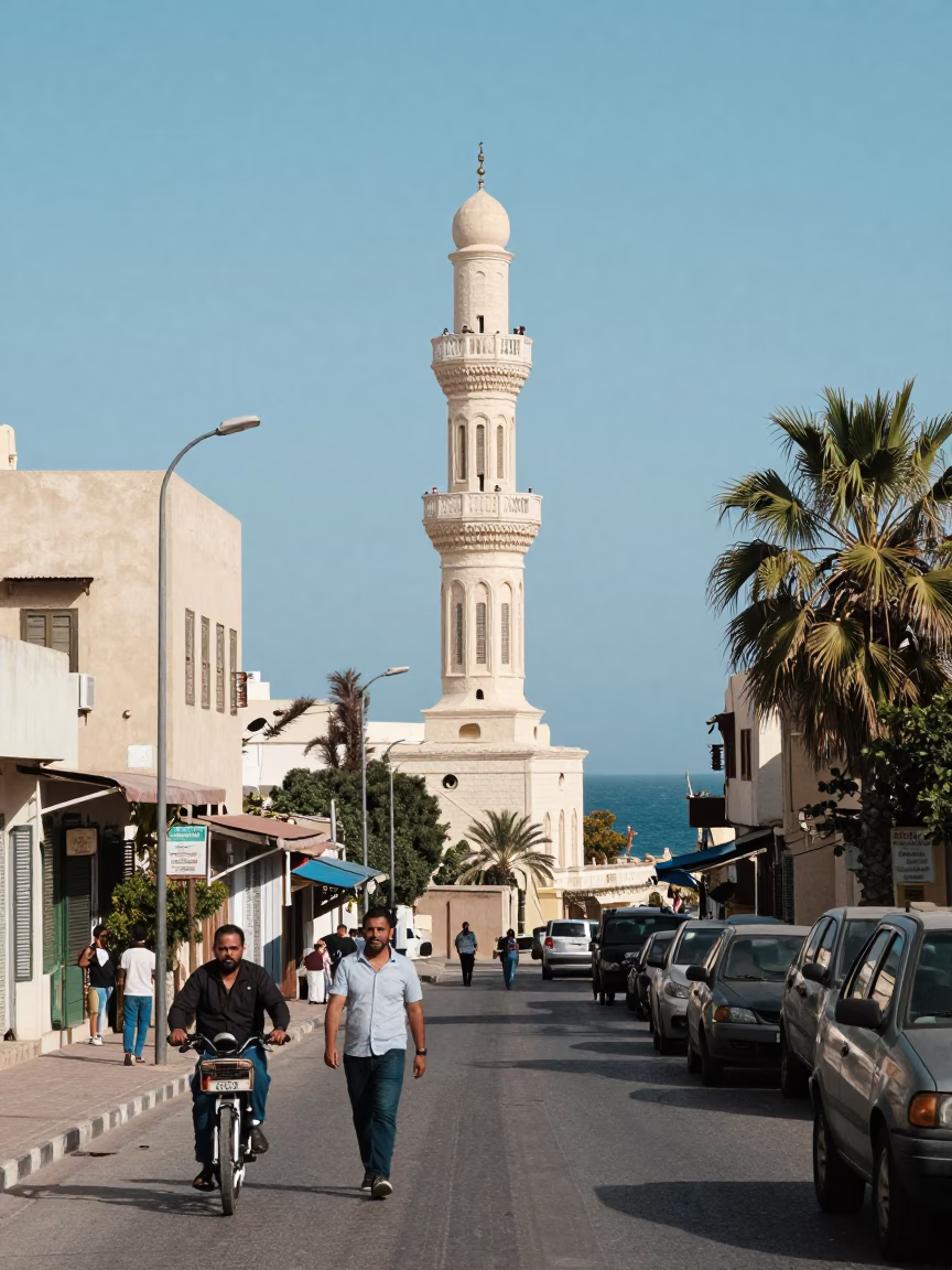 Alexandria Egypt Noon Street Scene with White Minaret and Coastal Traffic in in Alexandria, Egypt