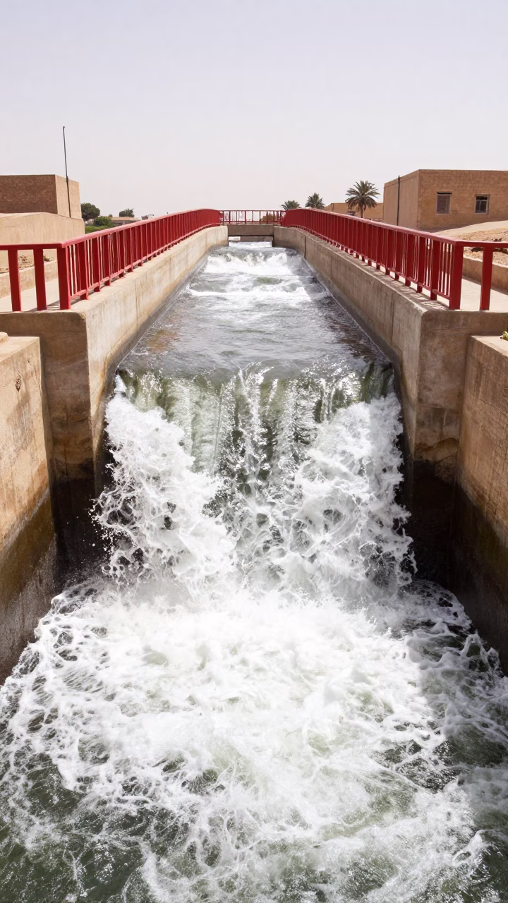 Alexandria Egypt Noon Sunlight Spillway Chute Red Railings Canal Scene in in Alexandria, Egypt