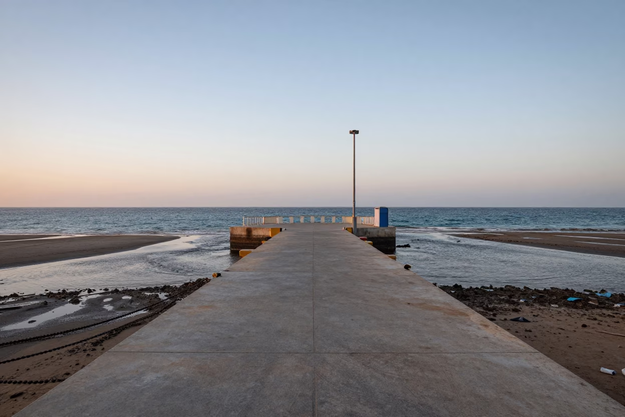 Alexandria Egypt Pre-Dawn Ferry Ramp Low Tide Coastal Infrastructure in in Alexandria, Egypt