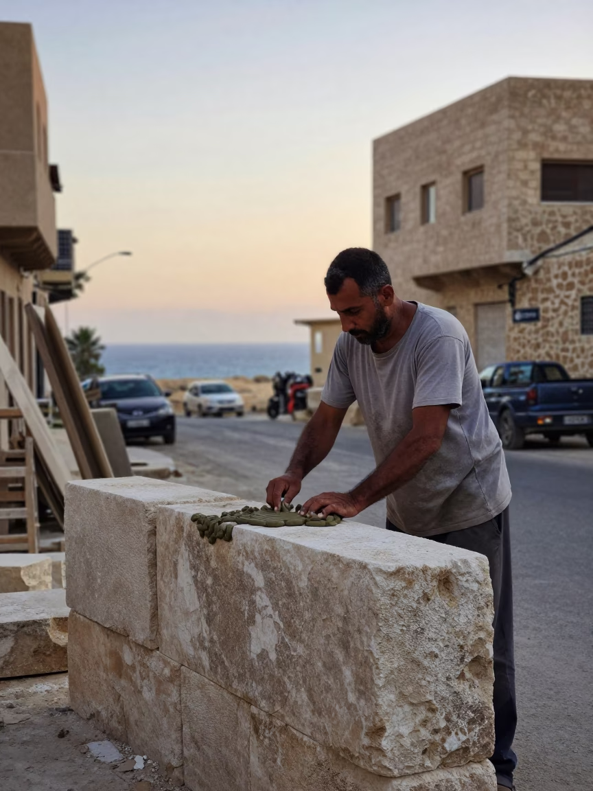 Alexandria Egypt Pre-Dawn Street Scene Mason Working Dressed Stone Blocks Mortar in in Alexandria, Egypt