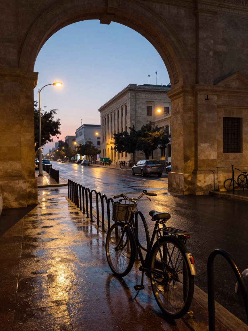 Alexandria Egypt Pre-Dawn Street Scene with Bicycle Rack and Vintage Details in in Alexandria, Egypt