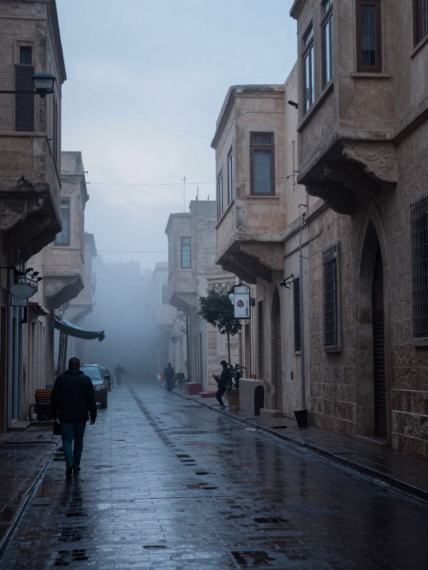 Alexandria Egypt Pre-Dawn Street Scene with Condensation and Urban Details in in Alexandria, Egypt