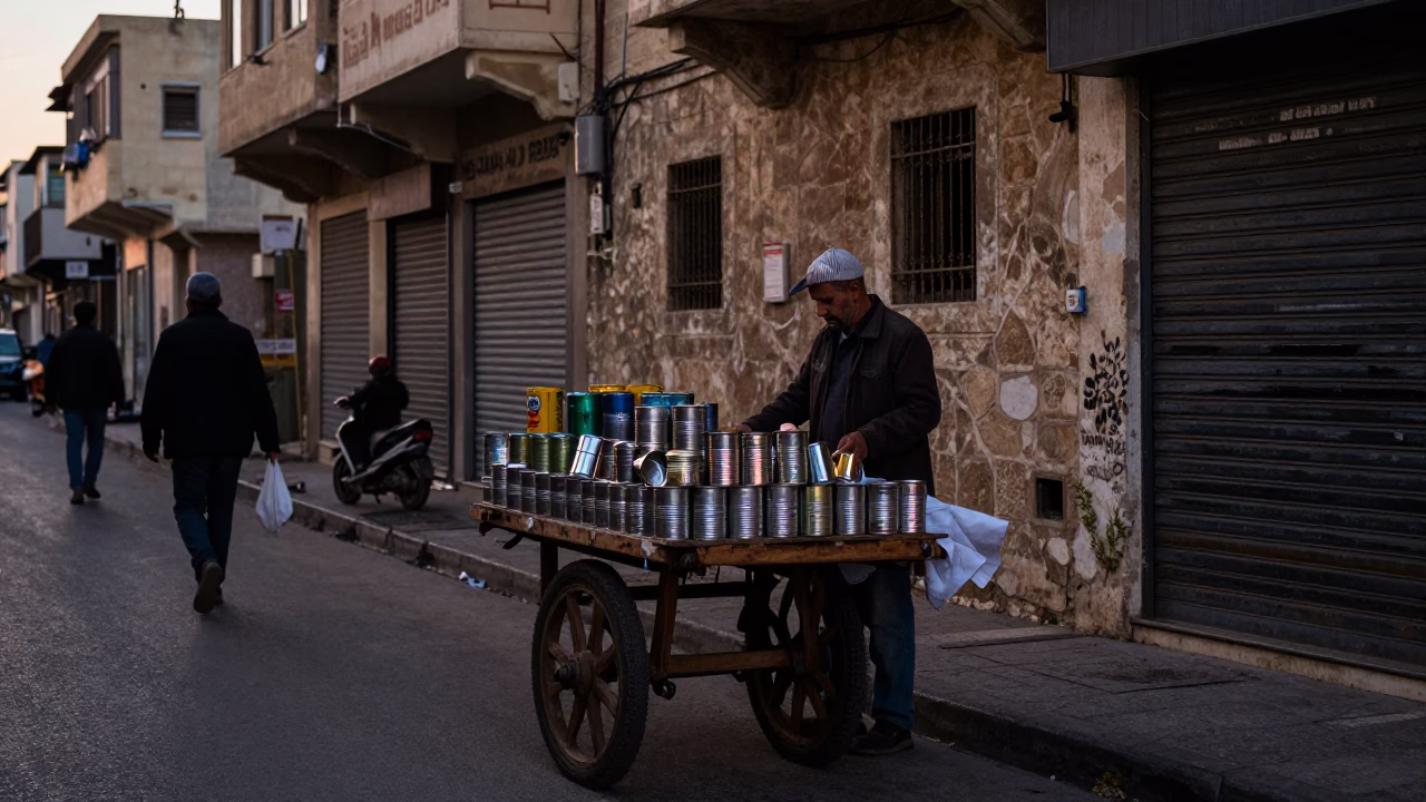 Alexandria Egypt Pre-Dawn Street Scene with Local Vendor and Canister Set in in Alexandria, Egypt