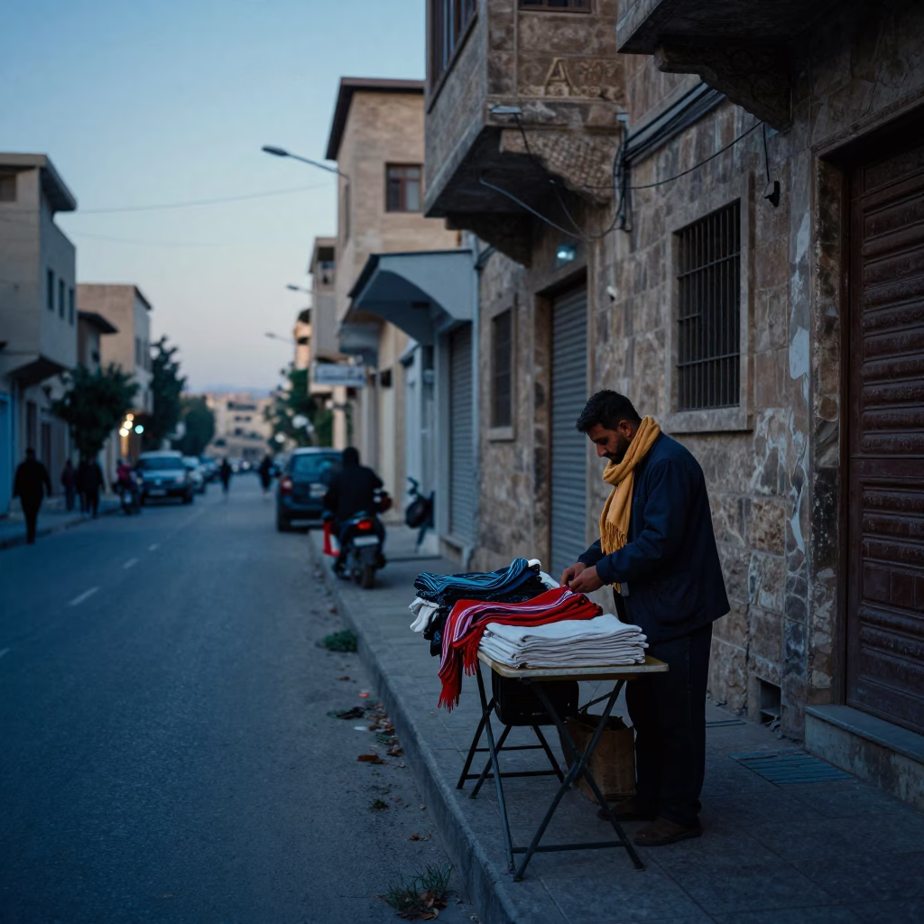 Alexandria Egypt Pre-Dawn Street Scene with Local Vendor and Scarf in in Alexandria, Egypt