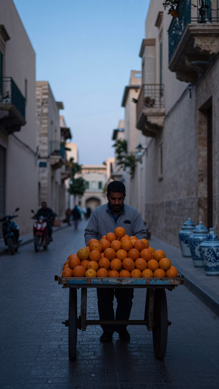 Alexandria Egypt Pre-Dawn Street Scene with Oranges and Porcelain Jars in in Alexandria, Egypt