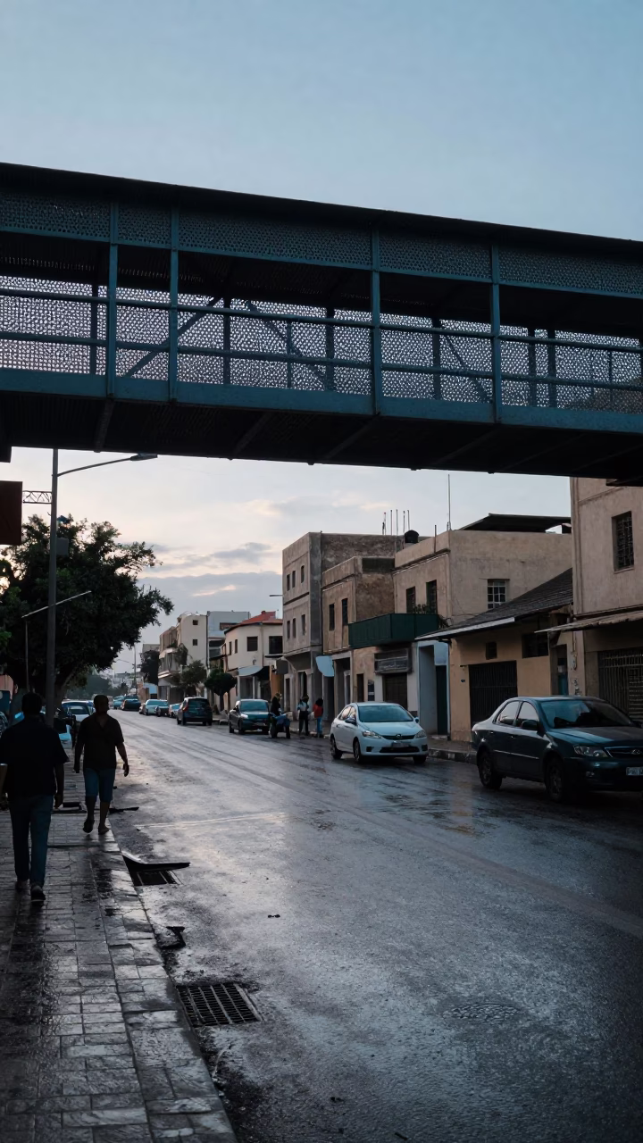 Alexandria Egypt Pre-Dawn Street Scene with Pedestrian Overpass and Wet Footsteps in in Alexandria, Egypt