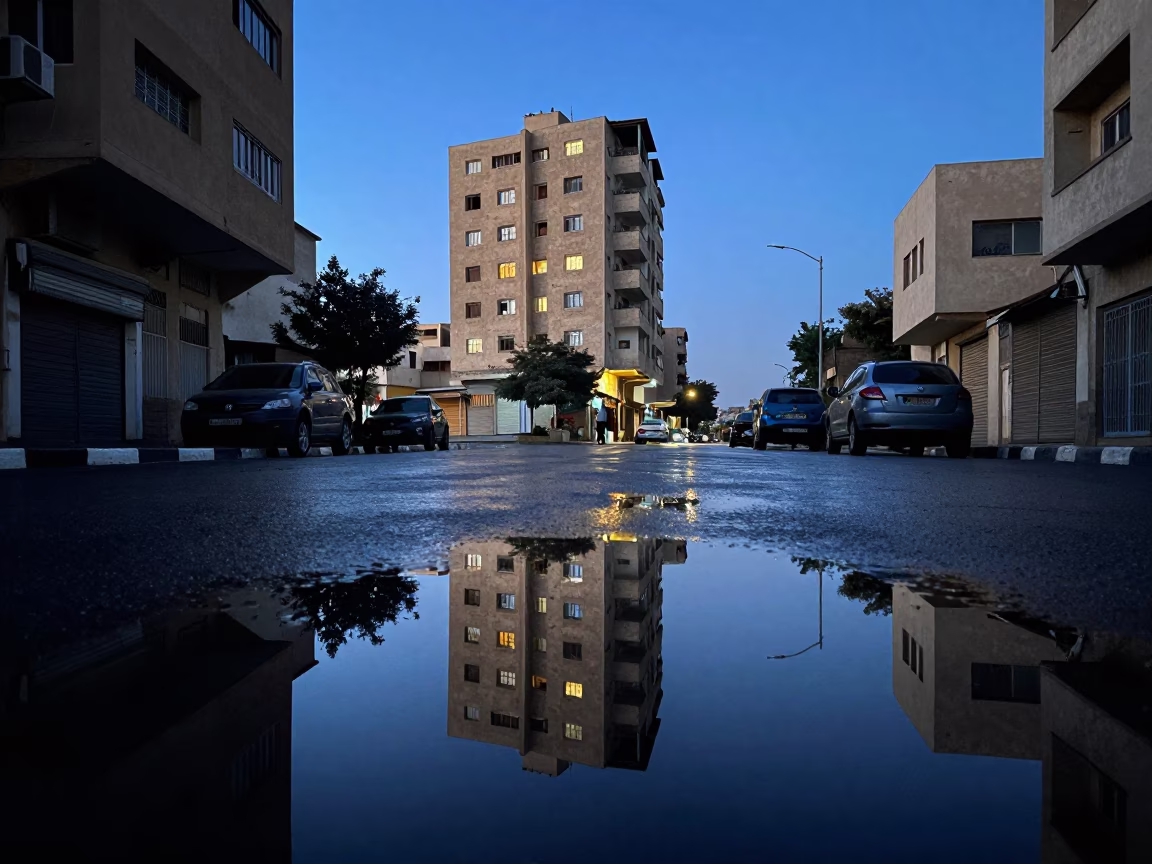 Alexandria Egypt Pre-Dawn Street Scene with Puddle Reflections and Wet Asphalt in in Alexandria, Egypt
