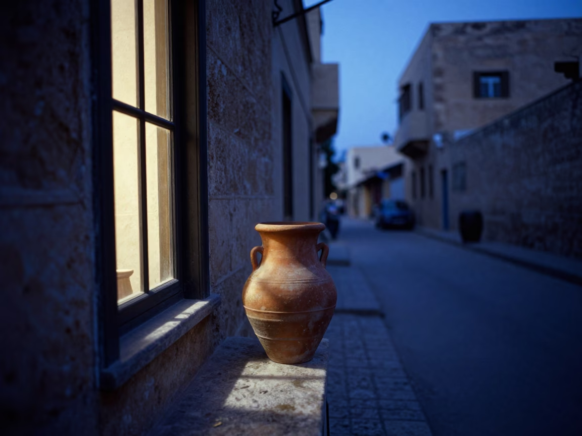 Alexandria Egypt Pre-Dawn Street Scene with Terracotta Pot and Window Light in in Alexandria, Egypt
