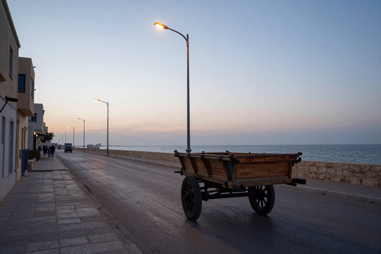 Alexandria Egypt pre-dawn street scene with traditional wooden cart and morning light in in Alexandria, Egypt