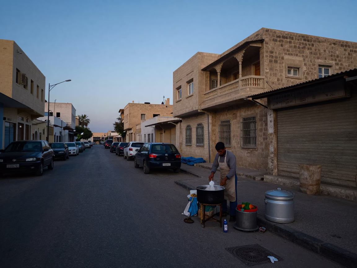 Alexandria Egypt Pre-Dawn Street Scene with Vendor and Cooking Pot in in Alexandria, Egypt