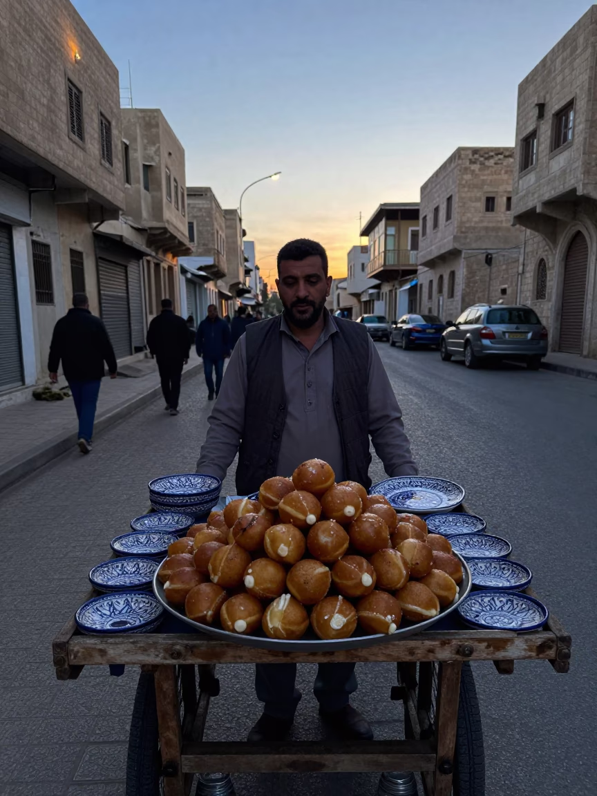 Alexandria Egypt pre-dawn street scene with vendor and vintage majolica plate in in Alexandria, Egypt