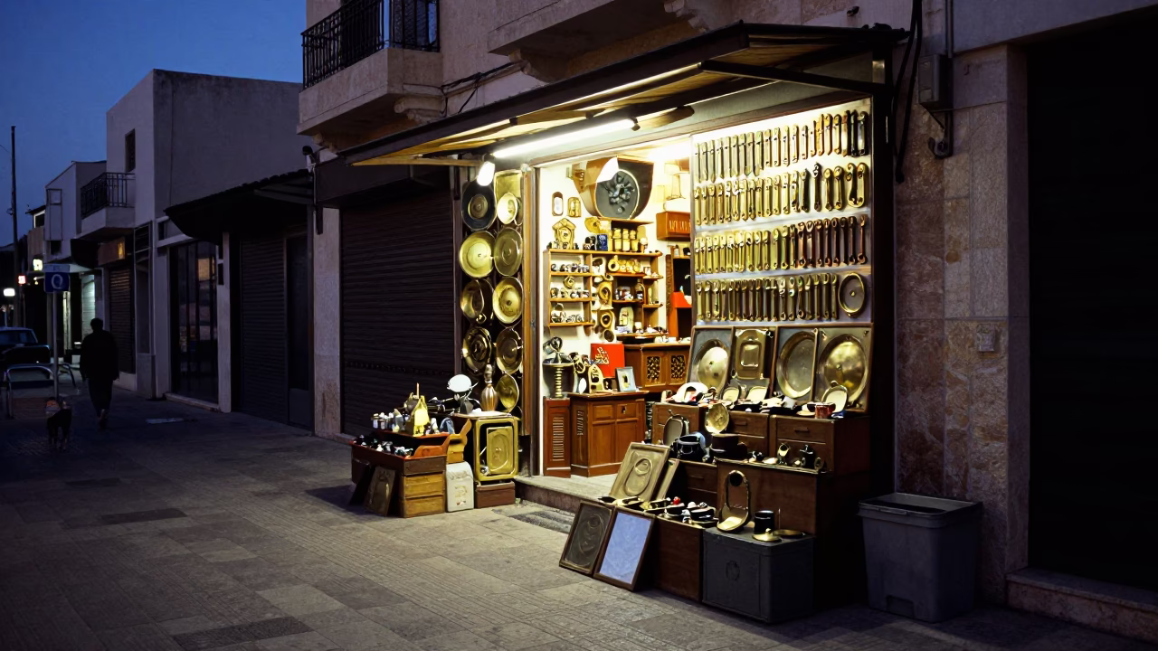 Alexandria Egypt Street Scene at Blue Hour with Brass Hardware and Vintage Storage Tins in in Alexandria, Egypt