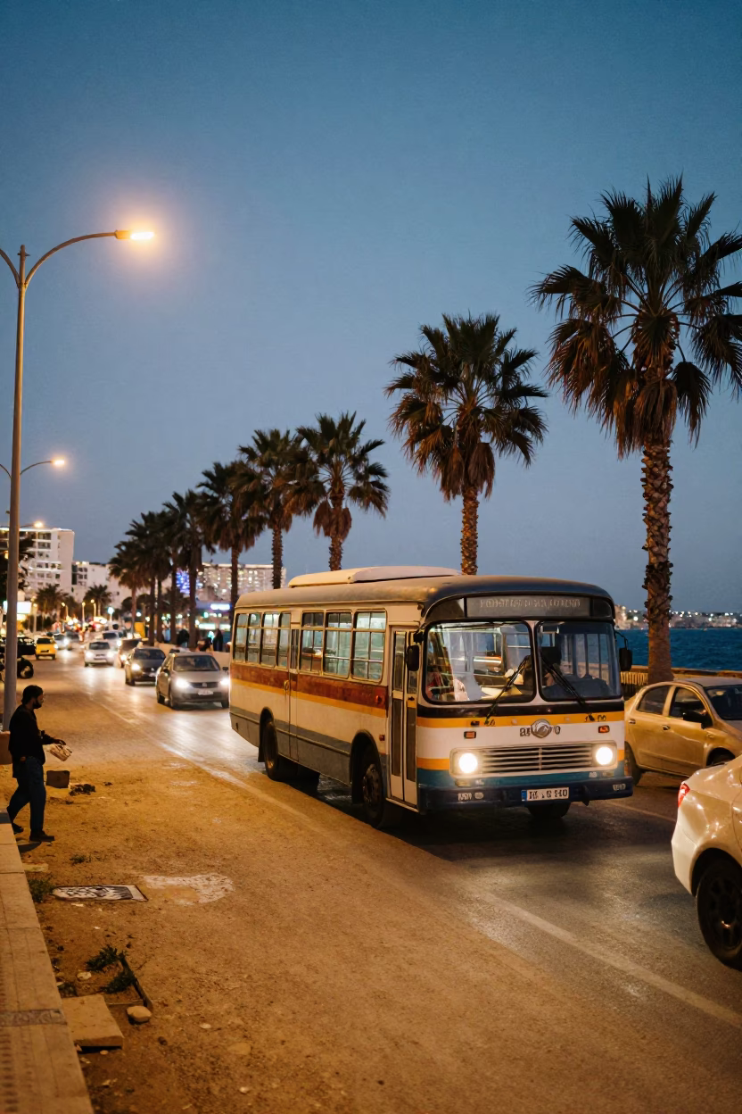 Alexandria Egypt street scene at dusk with Bedford bus and local life in in Alexandria, Egypt