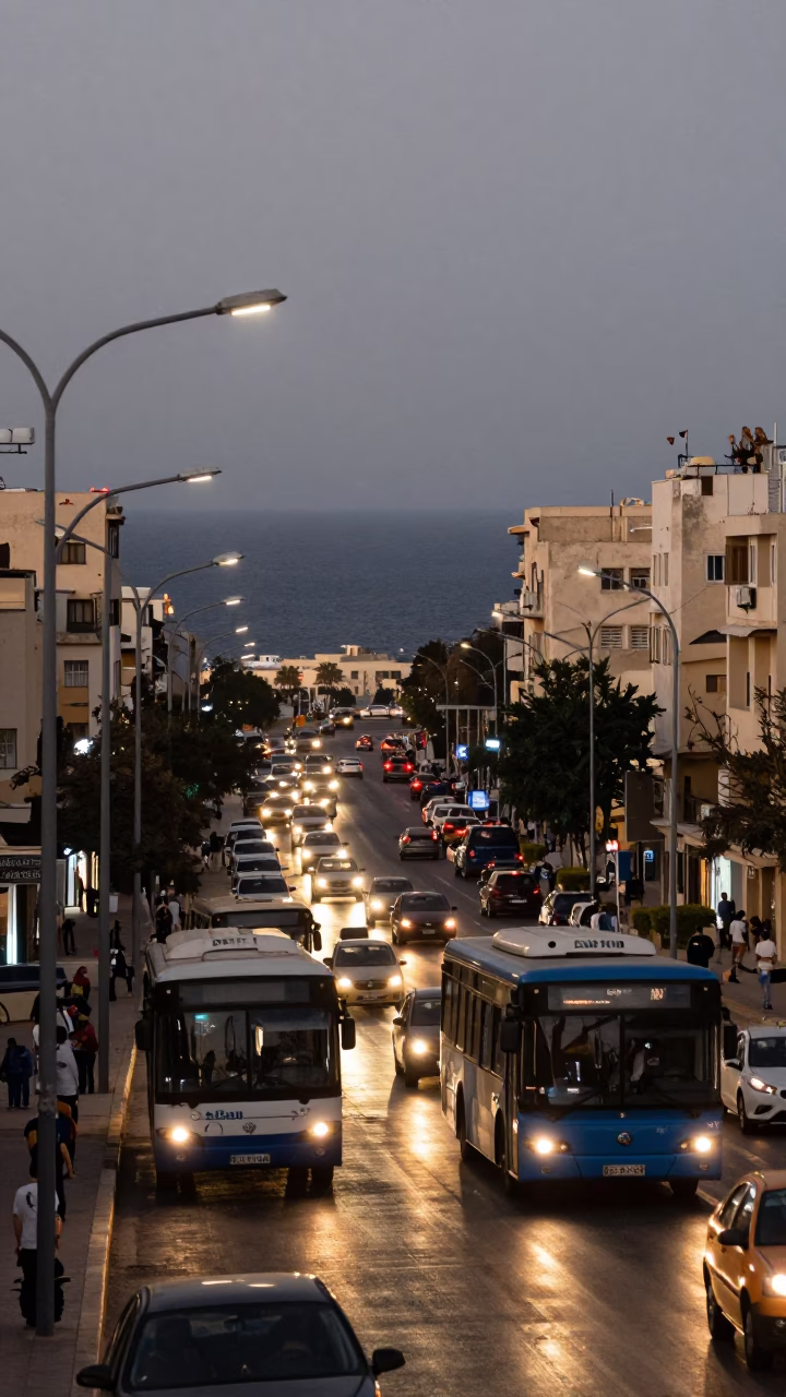 Alexandria Egypt Street Scene at Dusk with Bus and Traffic in in Alexandria, Egypt