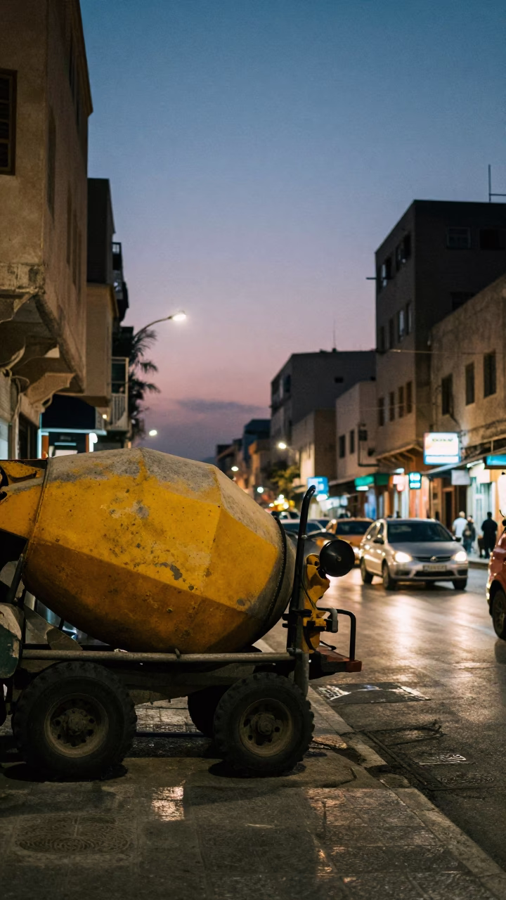 Alexandria Egypt street scene at dusk with cement mixer and traditional bakery display in in Alexandria, Egypt