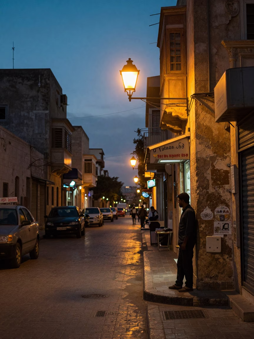 Alexandria Egypt Street Scene at Dusk with Hurricane Lamp Glow in in Alexandria, Egypt