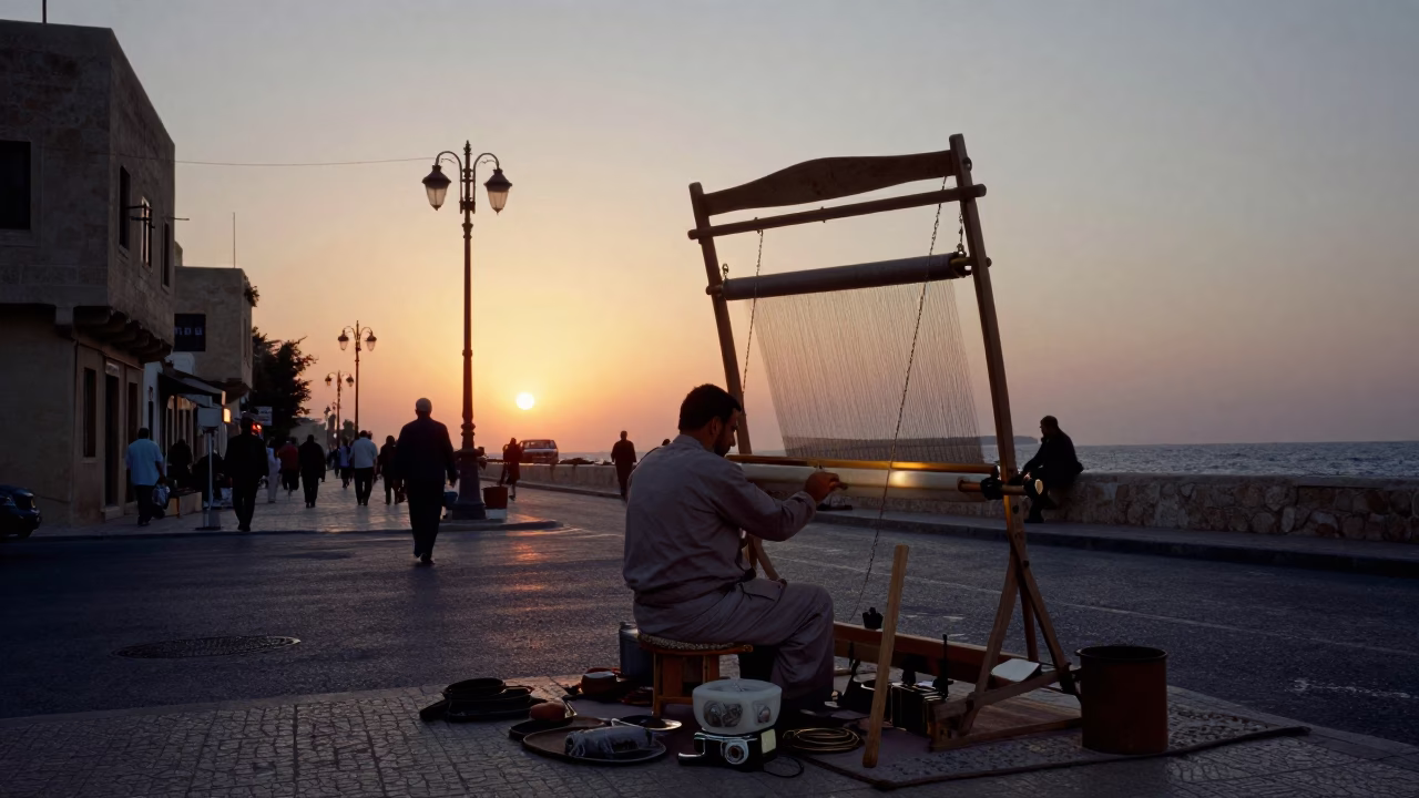 Alexandria Egypt Street Scene at Dusk with Loom Shuttle and Vine Shadows in in Alexandria, Egypt