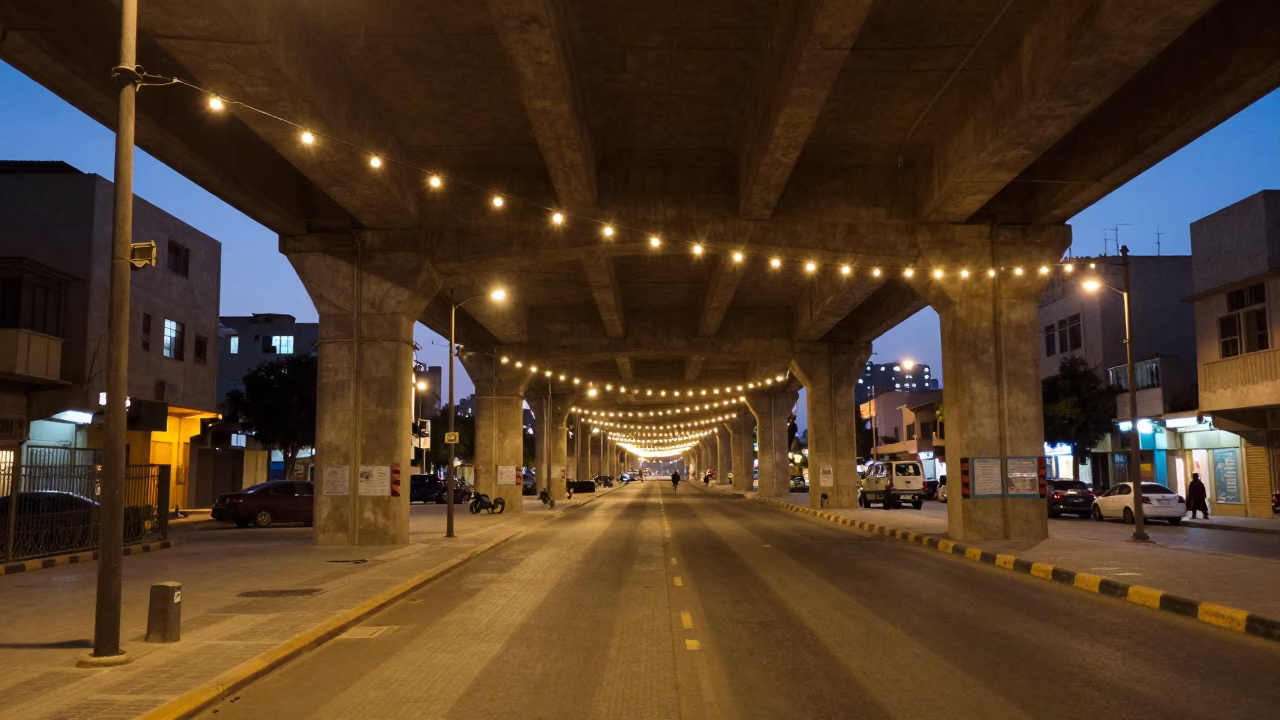Alexandria Egypt street scene at dusk with string lights and flyover shadows in in Alexandria, Egypt