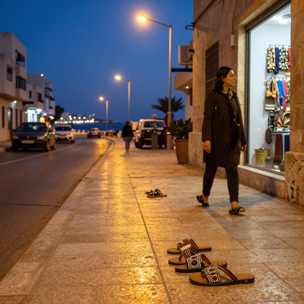 Alexandria Egypt Street Scene at Dusk with Traditional Beaded Sandals and Urban Light in in Alexandria, Egypt