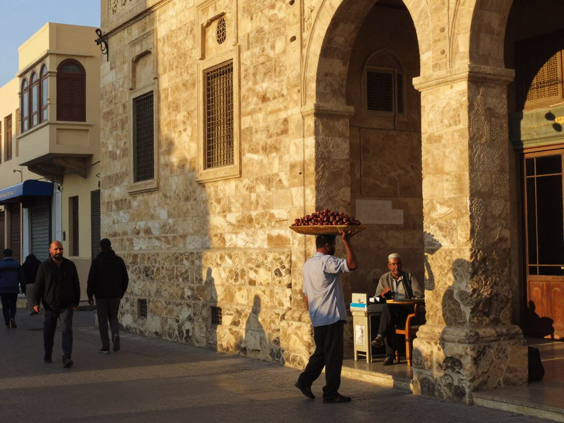 Alexandria Egypt street scene at golden hour with man carrying dates near historic architecture in in Alexandria, Egypt