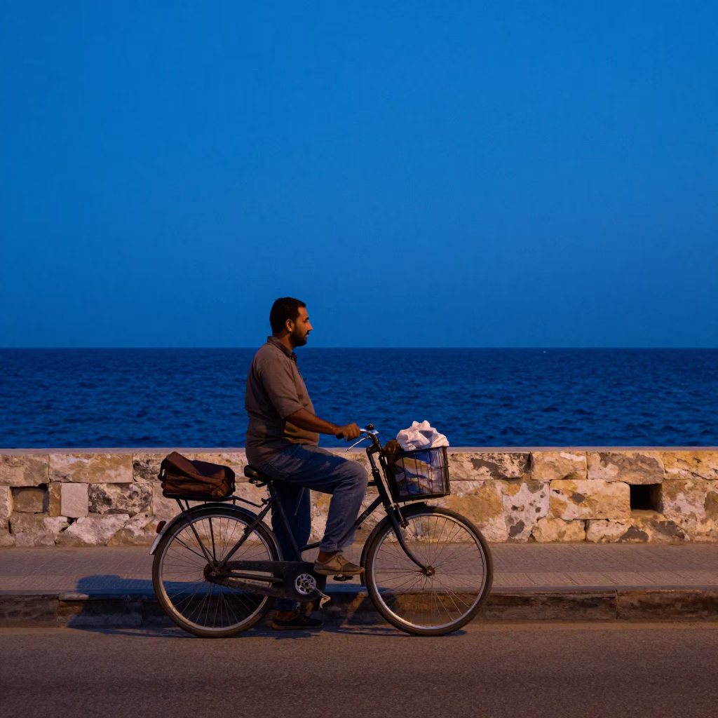 Alexandria Egypt street scene at nautical dawn with local vendor and bicycle in in Alexandria, Egypt