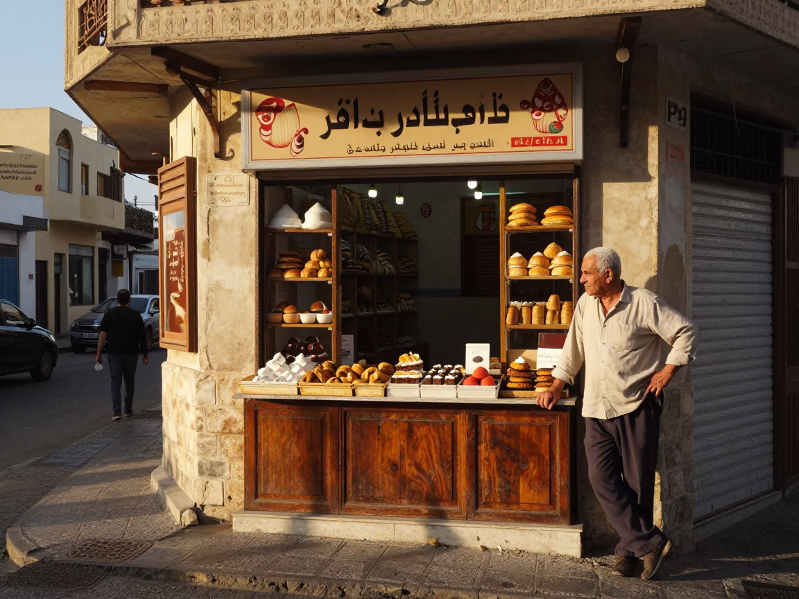 Alexandria Egypt street scene at sunrise with local bakery pastries and traditional coffee in in Alexandria, Egypt