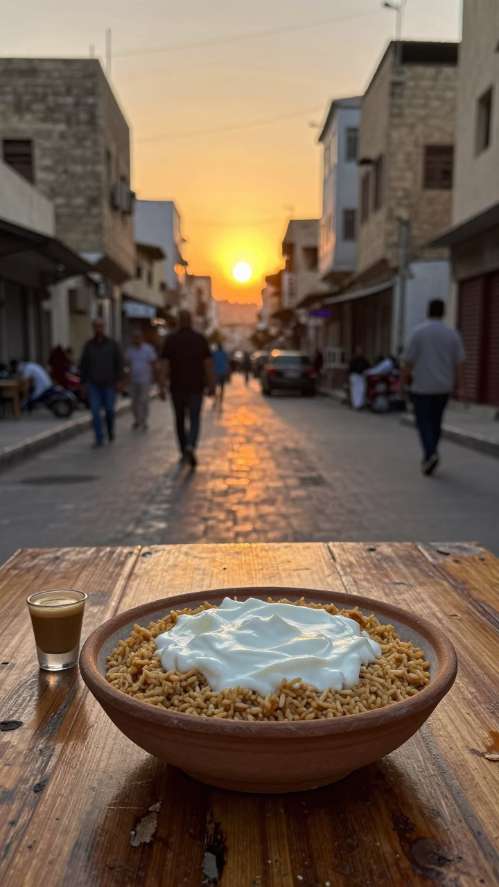 Alexandria Egypt Street Scene at Sunset with Fatteh Bowl and Fruit Knife in in Alexandria, Egypt