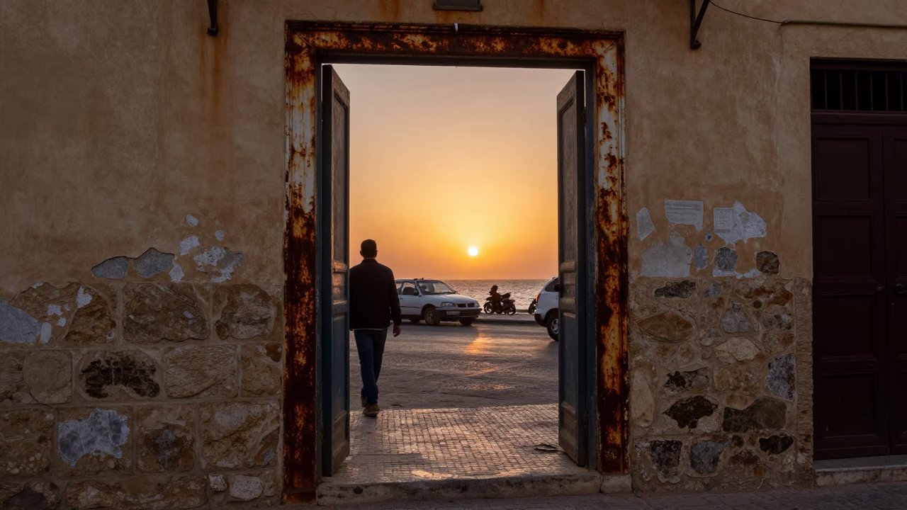 Alexandria Egypt Street Scene at Sunset with Rusty Doorframe and Potted Herbs in in Alexandria, Egypt