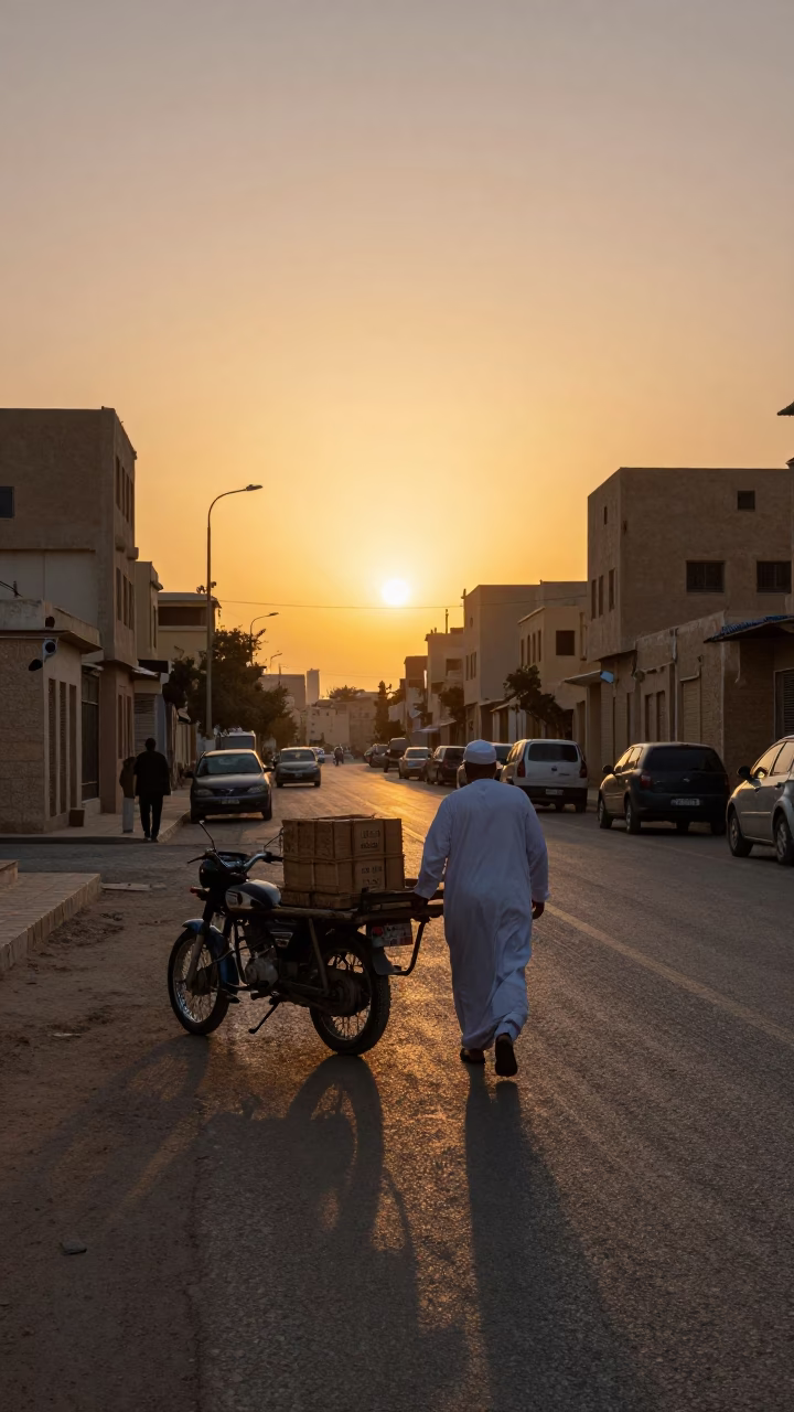 Alexandria Egypt street scene at sunset with vintage motorcycle and local vendor in in Alexandria, Egypt