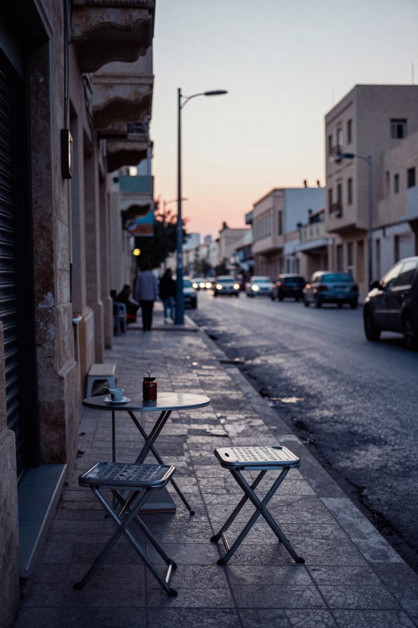 Alexandria Egypt Street Scene Before Dawn with Folding Stools and Morning Fog in in Alexandria, Egypt